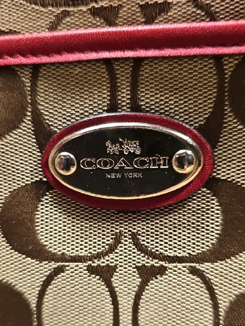 Coach Brown Signature Crossbody with Red Trim